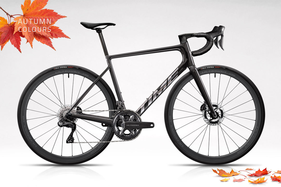 TIME Fluidity in S01 Nude Carbon on white background with LTD Edition Ultegra Power build kit, available this holiday season while supplies last. Autumn Colors Event graphic.