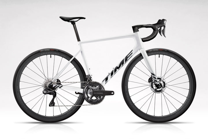 TIME Fluidity in S02 Gloss White on white background with LTD Edition Ultegra Power build kit, available this holiday season while supplies last. 