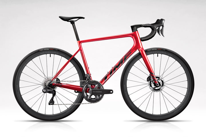 TIME Fluidity in S03 Satin Red on white background with LTD Edition Ultegra Power build kit, available this holiday season while supplies last. 
