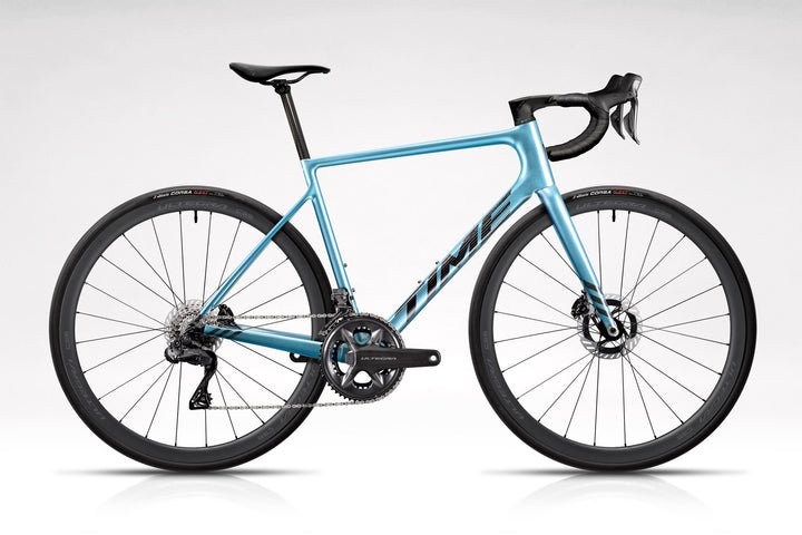 TIME Fluidity in S04 Satin Crystal Blue on white background with LTD Edition Ultegra Power build kit, available this holiday season while supplies last. 