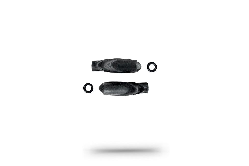TIME OEM parts - alternate view of Two black plastic plugs and O Rings that guide the rear rim brake cable inside the top tube of TIME Alpe d'Huez 01 and 21 models