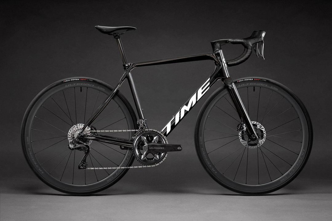 TIME NXR Road Bike in Carbon gloss color showing Ultegra Limited Edition Build Kit, Ultegra FC-R8100-P crankset and Ultegra C36 Carbon Wheelset 