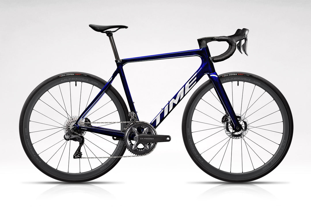 TIME NXR in Cobalt Blue on white background high resolution and LTD Ultegra Power build kit
