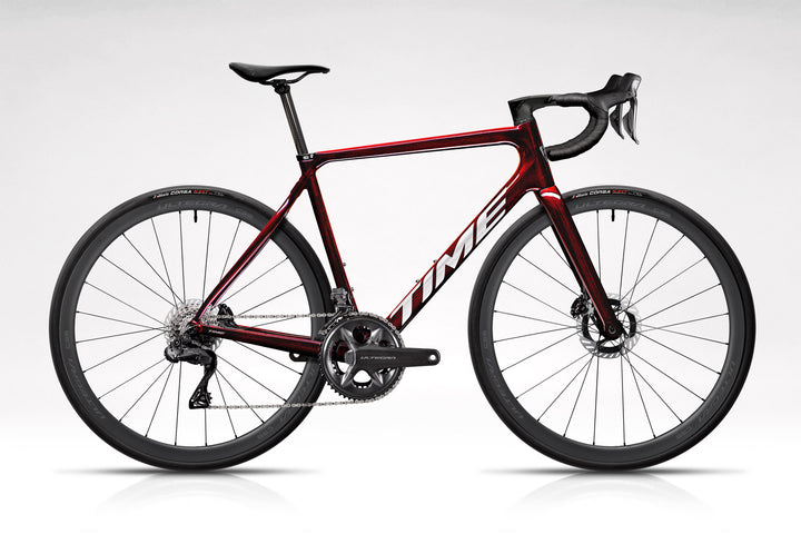 TIME NXR in Ruby Red on white background high resolution and LTD Ultegra Power build kit