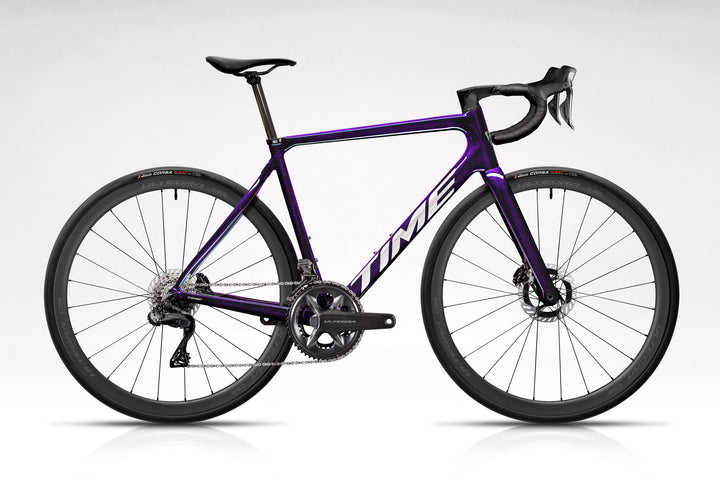 TIME NXR in transparent Amethyst Purple on white background high resolution and LTD Ultegra Power build kit