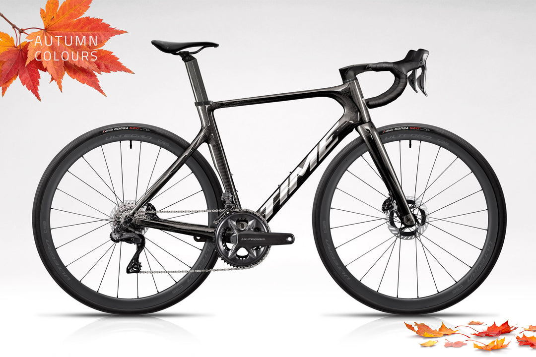 TIME Scylon in transparent Nude Carbon on white background with AUTUMN COLORS promotion graphics. LTD Edition Ultegra Power build kit