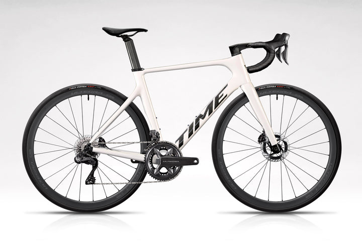 TIME Scylon in S02 Pearl White on white background with LTD Edition Ultegra Power build kit, available this holiday season while supplies last