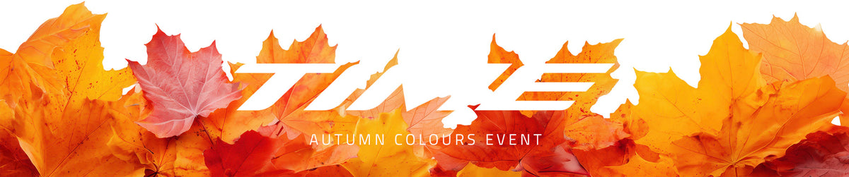 Autumn Colours Sale Event featuring a white stylized 'TIME' text overlay with 'AUTUMN COLOURS' underneath, set against a background of vibrant orange, yellow, and red autumn leaves on a white backdrop.